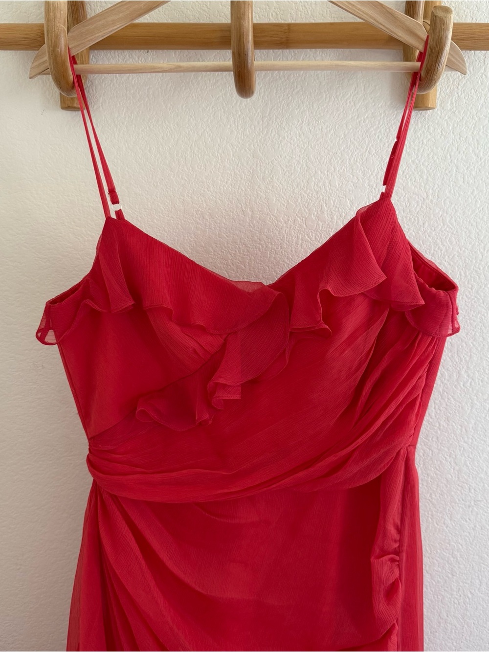 Badgley Mischka romantic feminine coral red maxi gown ruffle draped dress flowy